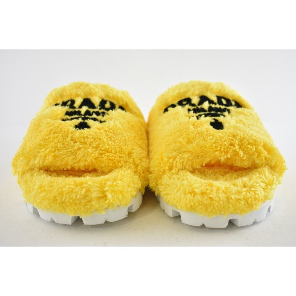 Prada Yellow Terry Cloth Black Logo Slide Sandal Rubber Sole Flip Flop Flat 38 - Picture 7 of 12